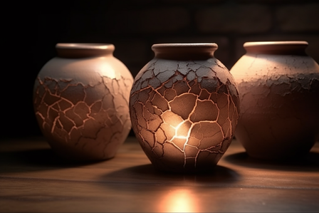 Vases d'argile créquelés laissant passer une lumière provenant de l'intérieur