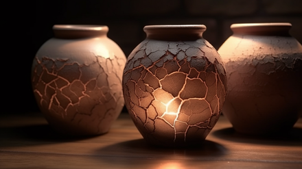 Vases d'argile créquelés laissant passer une lumière provenant de l'intérieur