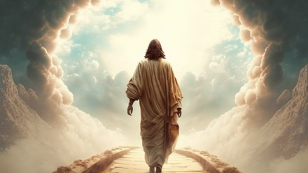 Jésus marchant dans la lumière et les nuées sur un chemin de pierre
