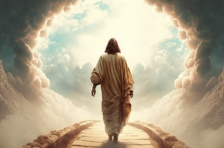 Jésus marchant dans la lumière et les nuées sur un chemin de pierre