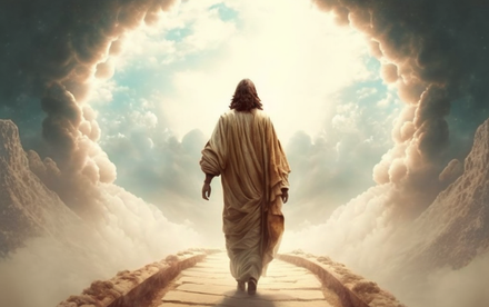 Jésus marchant dans la lumière et les nuées sur un chemin de pierre