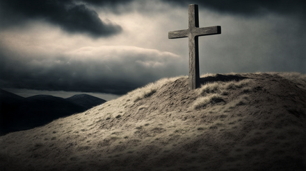 Croix en bois sur une colline sur fond de nuages sombres