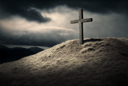Croix en bois sur une colline sur fond de nuages sombres