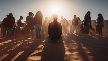 Groupe de jeunes rassemblés dans un désert sous une lumière aveuglante