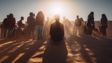 Groupe de jeunes rassemblés dans un désert sous une lumière aveuglante