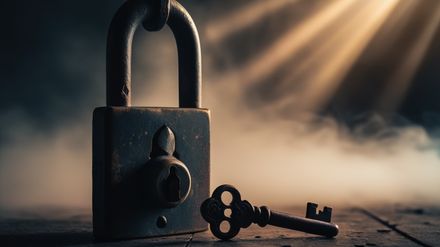 Clé et cadenas dans une atmosphère mystérieuse, irradié de lumière