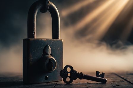 Clé et cadenas dans une atmosphère mystérieuse, irradié de lumière